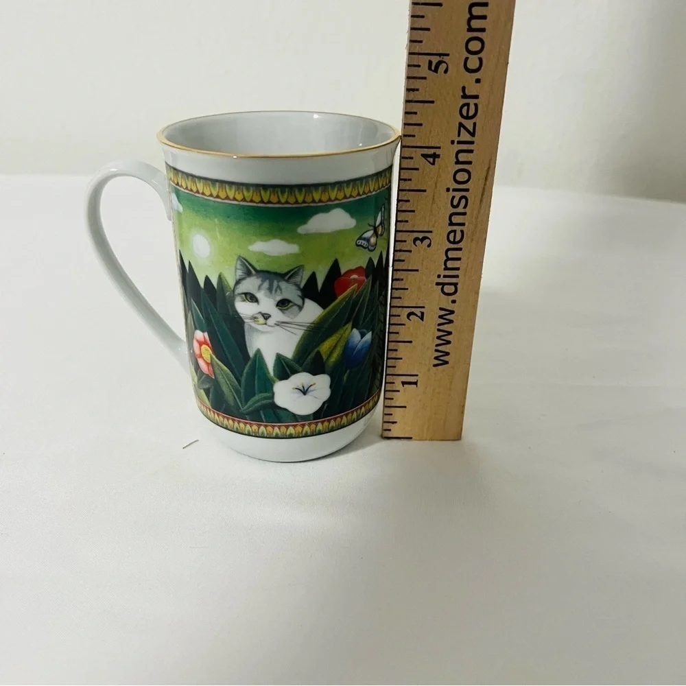Vintage Russ Berrie Four Seasons Majestic Cat Mug Coffee Tea Beautiful Green